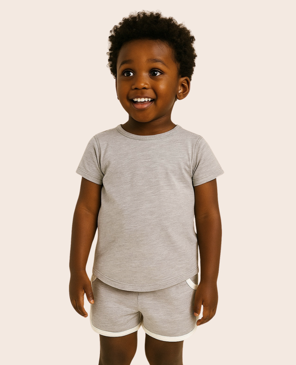 All-Day Tee in Steel Heather for babies, showcasing a stylish angle view. Perfect for comfort and everyday wear.