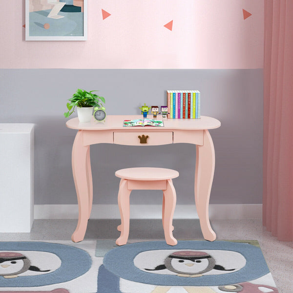 Kids makeup dressing table with tri-folding mirror and stool, perfect for imaginative play. Angle 8 view.