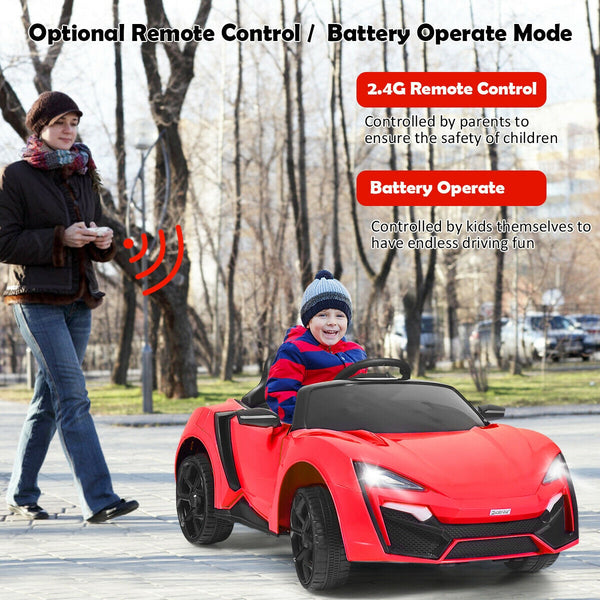 12V 2.4G RC electric vehicle with lights for kids, angled view showcasing its design and features.