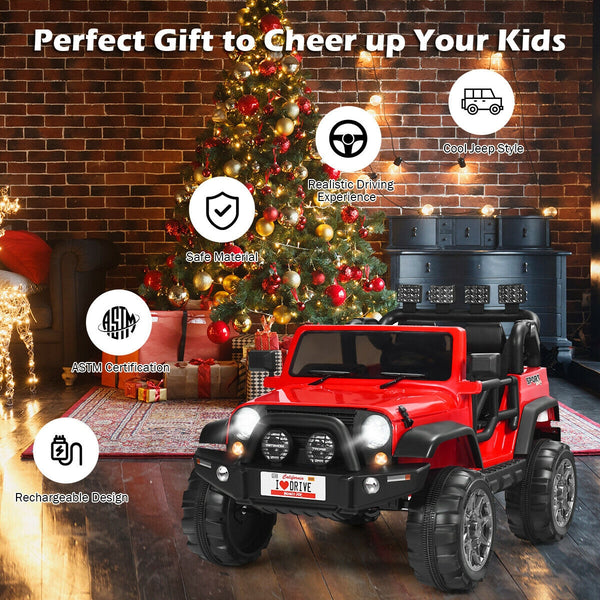 12V 2-seater ride-on car truck with remote control and storage, perfect for kids' outdoor fun.
