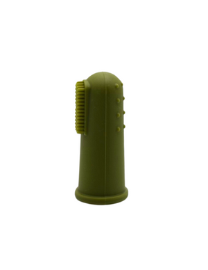 Finger toothbrushes in mustard and army green for baby oral care, angled view showcasing soft bristles and ergonomic design.