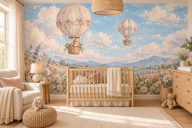 Watercolor Meadow Hot Air Balloons Wall Mural, image 1
