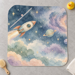 Rocket Journey kids hooded bath towel laid flat