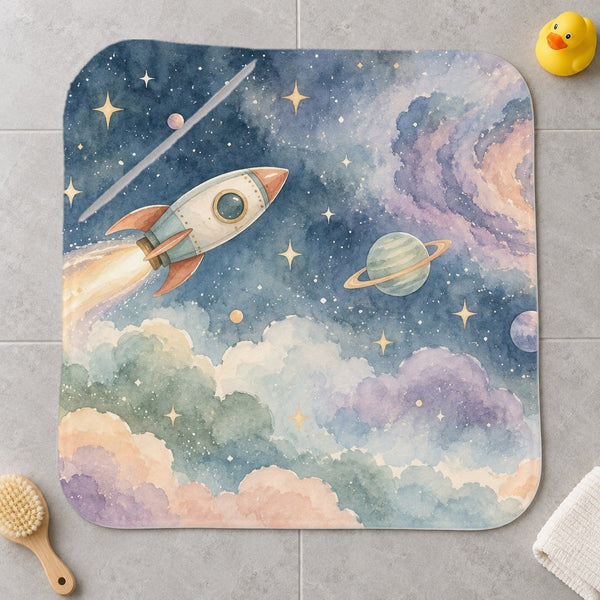 Rocket Journey kids hooded bath towel laid flat
