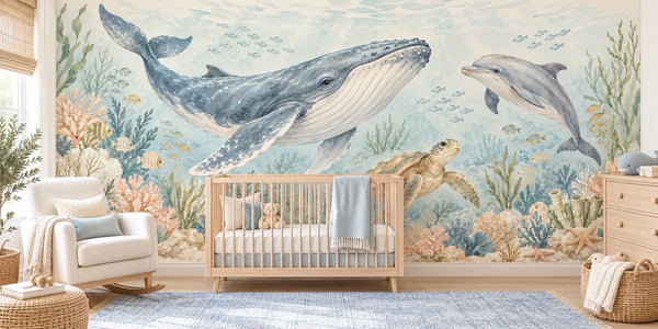 Watercolor Ocean Animals Wall Mural, image 1