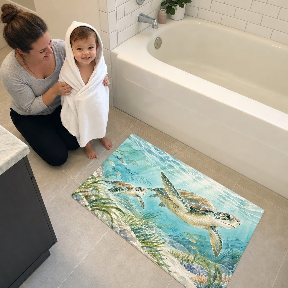 Sea Turtles Ocean kids bath mat, full view of the printed design
