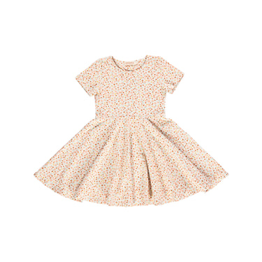 Sweetheart Twirl Dress in Sunset Meadow, organic cotton jersey swimwear for babies.