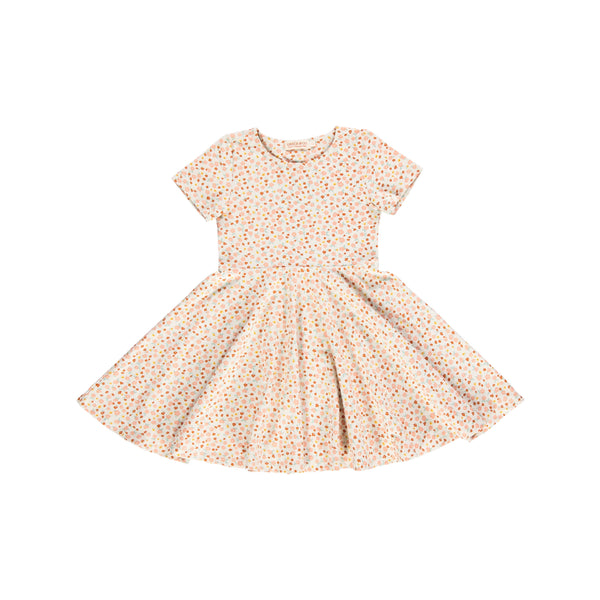 Sweetheart Twirl Dress in Sunset Meadow, organic cotton jersey swimwear for babies.