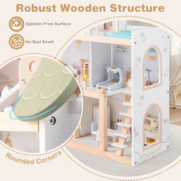 Wooden Dollhouse Kids DIY Pretend Playhouse with 33 PCS Furniture Accessories