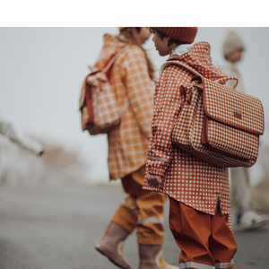 Sienna Gingham Satchel Backpack for babies, stylish and functional, shown at angle 4.