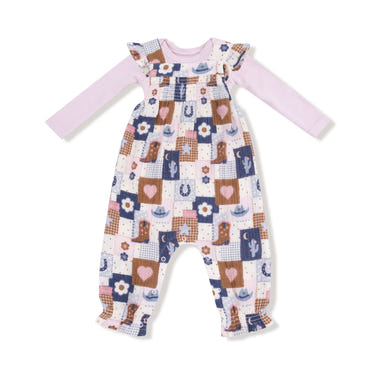 Smocked overall set for babies featuring a colorful patchwork cowgirl design. Perfect for stylish little ones!