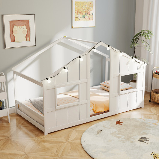 Twin Size House Bed with LED Lights Montessori Slat-free Floor Bed-White