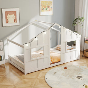 Twin Size House Bed with LED Lights Montessori Slat-free Floor Bed-White