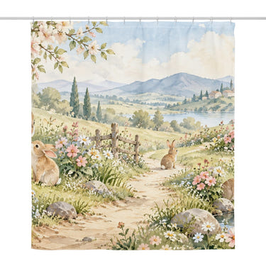 Peaceful Garden Bunny shower curtain, full front view of the 71 x 74 in fabric curtain