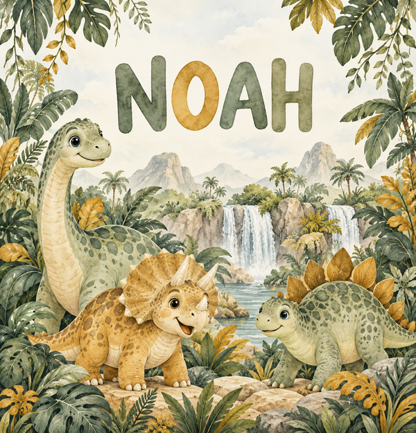 Dino Jungle watercolor artwork with the name Noah