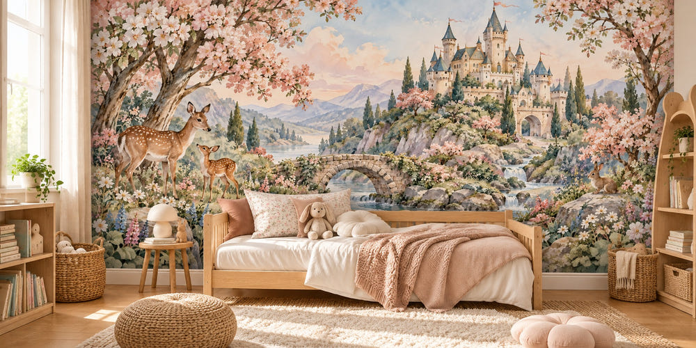 Watercolor Woodland Castle Fairy Tale Wall Mural, image 1