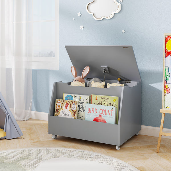 Wooden mobile toy storage organizer with bookshelf and lockable wheels, perfect for baby bedding and sleep areas.