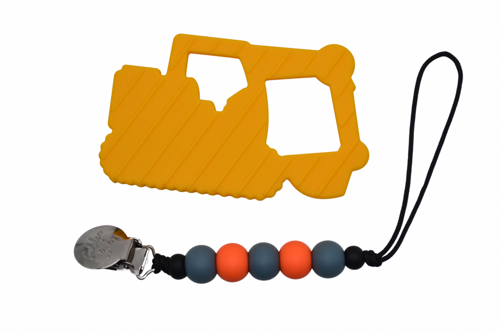 Colorful construction truck teether set for babies, perfect for soothing gums and encouraging play.