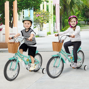 16-inch kids bike with training wheels and dual brake system for ages 4-7, shown at a 10-degree angle.