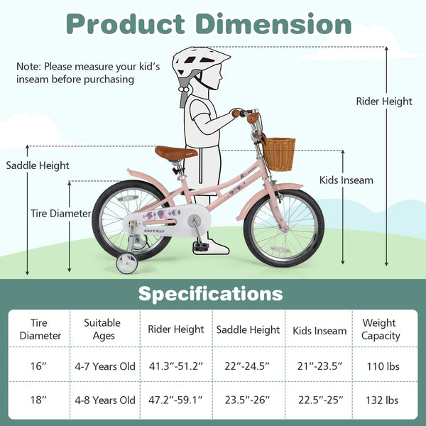 16 Inch Kids Bike Retro Bicycle with Adjustable Height and Basket for Ages 4-7 Years Old