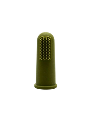 Mustard and army green finger toothbrushes for babies, promoting gentle oral care. Angle 7 view.