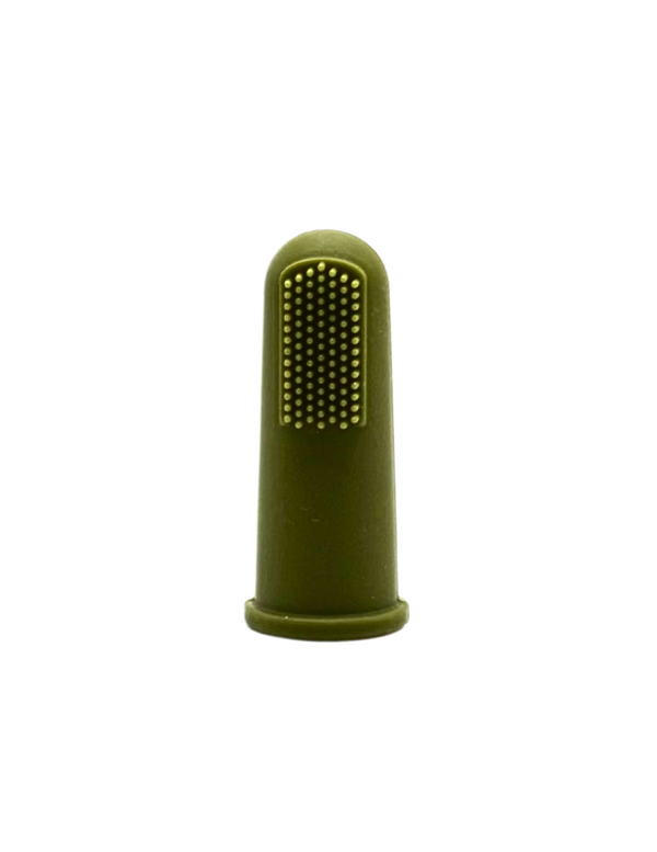 Mustard and army green finger toothbrushes for babies, promoting gentle oral care. Angle 7 view.