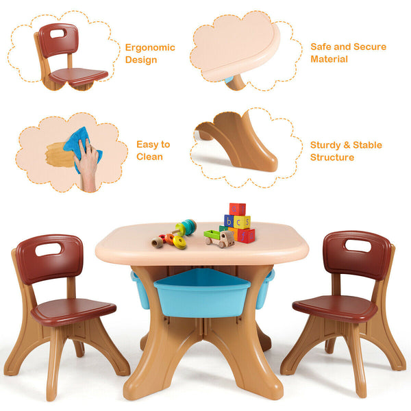 Colorful 3-piece plastic children play table and chair set for indoor and outdoor use, angled view.