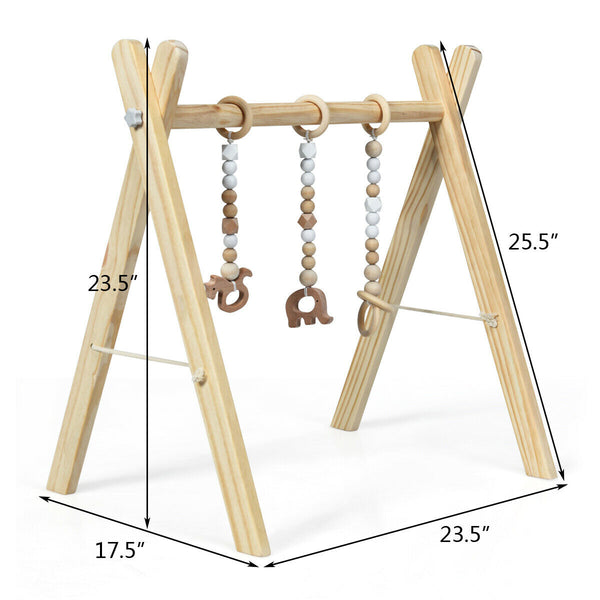 Portable wooden baby gym with teething toys, perfect for newborns, shown from angle 13.