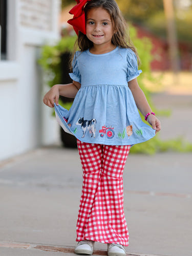 Girls farm animals bell bottoms outfit for toddlers, perfect for playful and stylish farm-themed adventures.