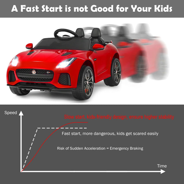 12V Jaguar F-Type SVR licensed kids ride-on car in angle view, perfect for young car enthusiasts and outdoor fun.