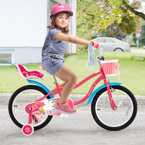 14-inch girls bike for ages 3-5 with doll seat and training wheels, perfect for outdoor fun and playtime adventures.