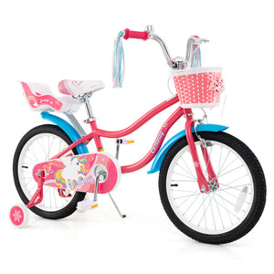 14-inch girls bike for kids 3-5 with doll seat and training wheels, shown from angle 11. Perfect for outdoor fun!