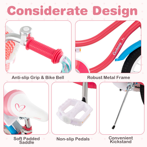 14-inch girls bike for kids 3-5 with doll seat and training wheels, angled view showcasing vibrant design.