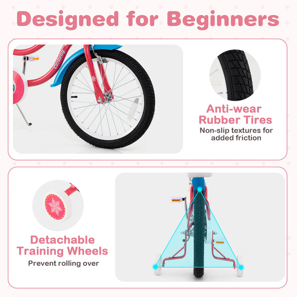 14-inch girls bike for kids 3-5, featuring a doll seat and training wheels, angled view showcasing vibrant design.