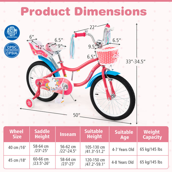 14-inch girls bike for kids 3-5 with doll seat and training wheels, perfect for fun and safe riding adventures.