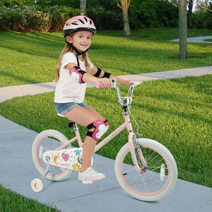 12-inch pink kids bike with stars and moon design, adjustable for children ages 3-8, viewed at a 32-degree angle.