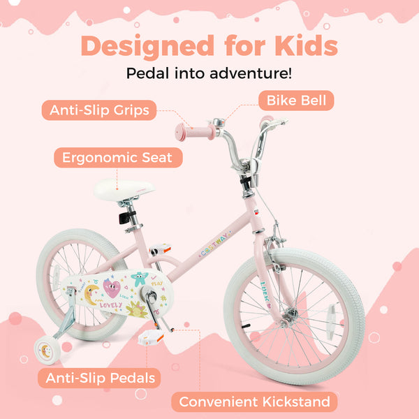 12-inch pink kids bike with stars and moon design, adjustable for ages 3-8, viewed at a 25-degree angle.
