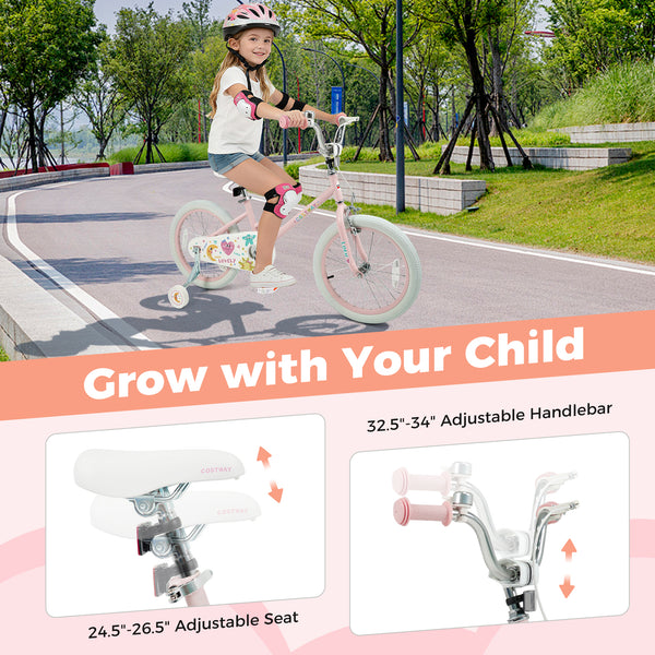 12-inch pink kids bike with stars and moon, adjustable for ages 3-8, viewed at a 26-degree angle.