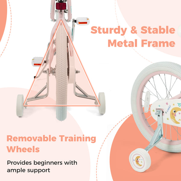 12-inch pink kids bike for ages 3-8, featuring stars and moon design, angled view.