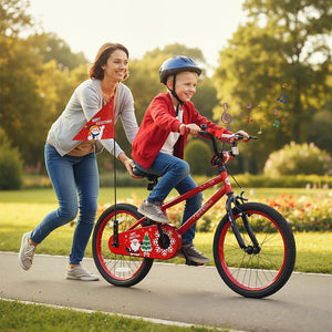 12-inch kids bike with adjustable features, Christmas music, and flag for ages 3-5, shown at a 32-degree angle.
