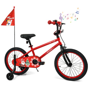 12-inch adjustable kids bike with Christmas music and flag, perfect for ages 3-5, shown at a 22-degree angle.