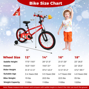 12-inch adjustable kids bike with Christmas music and flag for ages 3-5, angled view showcasing vibrant design.