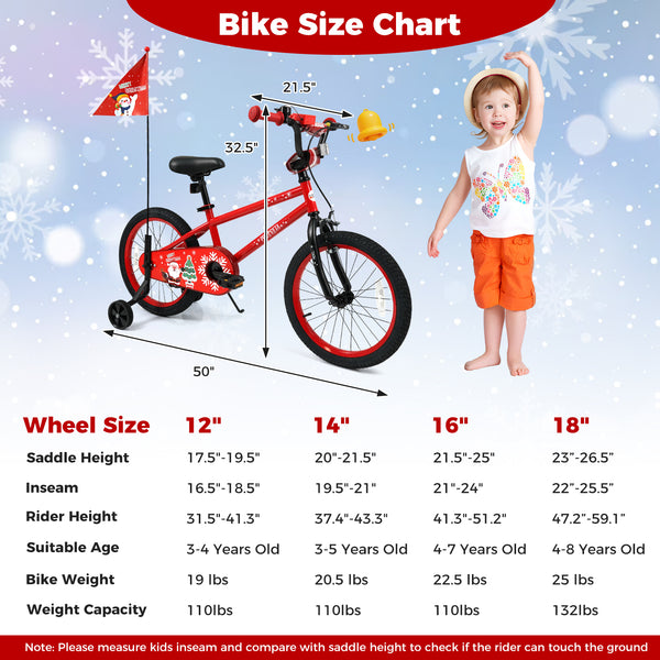 12-inch adjustable kids bike with Christmas music and flag for ages 3-5, angled view showcasing vibrant design.