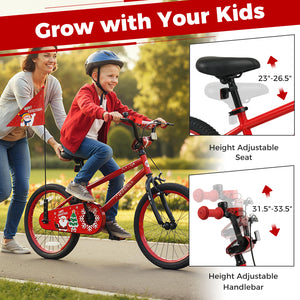 12-inch kids bike with adjustable features, Christmas music, and flag for ages 3-5, shown at a 24-degree angle.