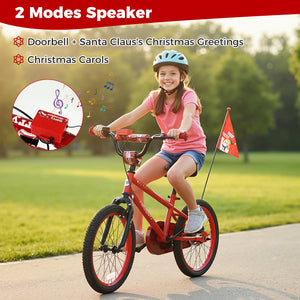 12-inch adjustable kids bike with Christmas music and flag for ages 3-5, shown at a 27-degree angle.