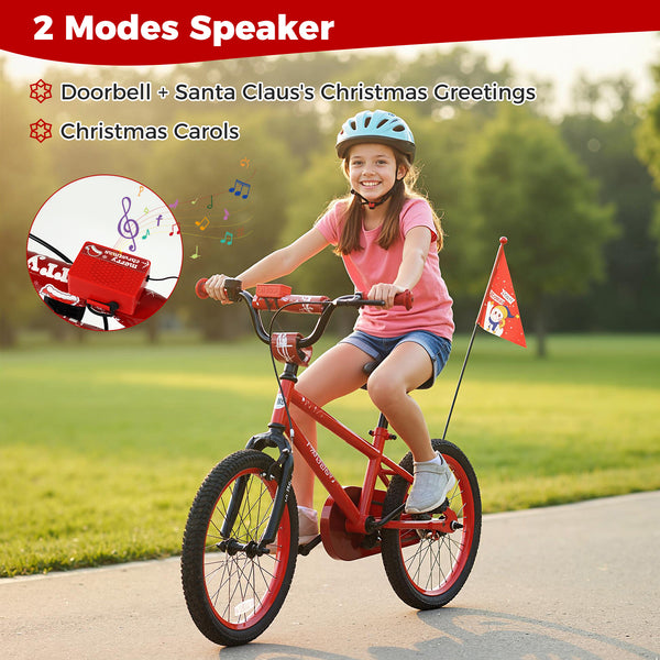 12-inch adjustable kids bike with Christmas music and flag for ages 3-5, shown at a 27-degree angle.
