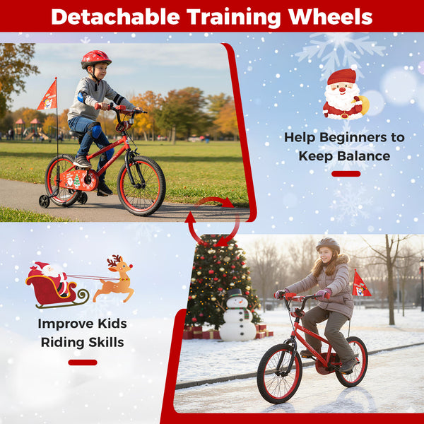 12-inch adjustable kids bike with Christmas music and flag for ages 3-5, angled view showcasing design and features.
