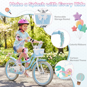 14 Inch Kids Bike Adjustable with Basket and Streamers Blue for Kids Aged 3-5 Years Old - Princess of the Sea Theme