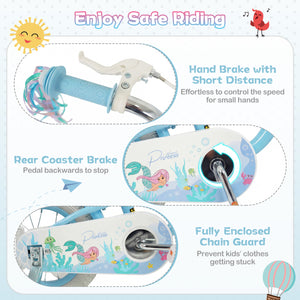 14 Inch Kids Bike Adjustable with Basket and Streamers Blue for Kids Aged 3-5 Years Old - Princess of the Sea Theme