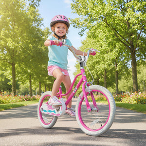12-inch pink kids bike for ages 3-8, featuring adjustable handlebars and a Starlight Wave design, angled view.